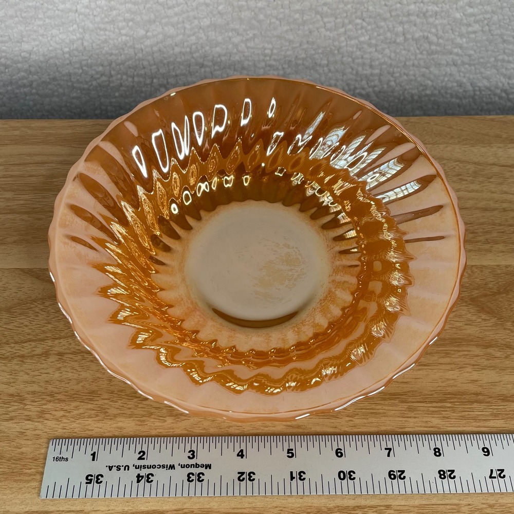 Fire-King Anchor Hocking Peach Lustre Swirl Bowl 7.5" Iridescent Milk Glass MCM